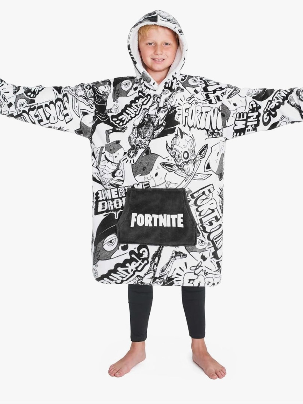 Fortnite Comfy Black & White Kids Hoodie Blanket Pullover